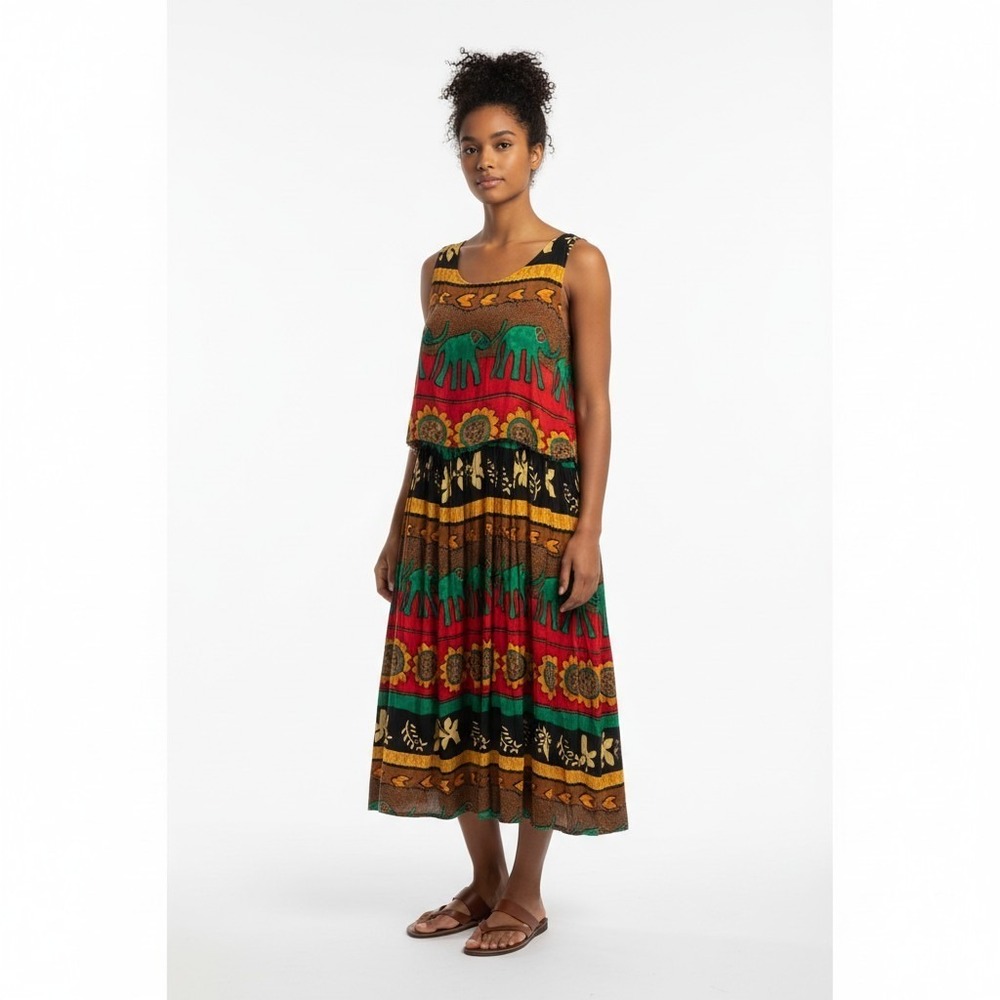 Handmade African Sunflower Print 2 Piece Set Crop Top Wrap Maxi Skirt Multi S-M